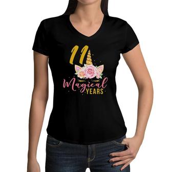 11 Years Old Birthday Girl Gift Unicorn 11Th Birthday Women V-Neck T-Shirt - Seseable