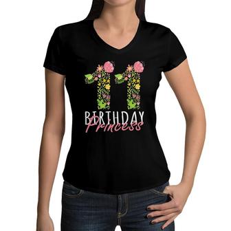 11Th Birthday Princess 11 Years Old Girl Floral B-Day Theme Women V-Neck T-Shirt | Mazezy