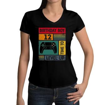 12 Years Old 12Th Birthday Boy Time To Level Up Gamer Birthday Women V-Neck T-Shirt - Seseable