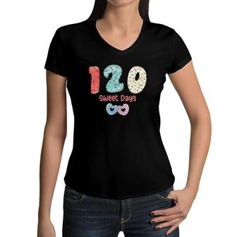 120 Sweet Days Back To School Donut 1St Grade Teachers Students 120 Days Of School Heart Shape Kids Women V-Neck T-Shirt - Seseable
