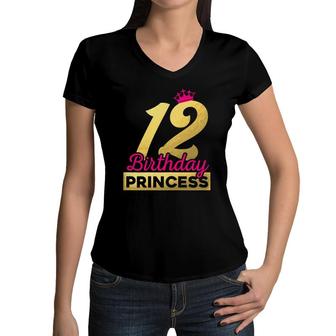 12Th Birthday Girl Princess Cute Retro Crown 12 Years Old Women V-Neck T-Shirt - Seseable