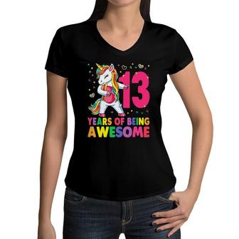 13 Years Old Unicorn Flossing 13Th Birthday Girl Unicorn Women V-Neck T-Shirt - Seseable