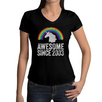 2003 18Th Birthday Unicorn Rainbow 18 Years Old Girl Women V-Neck T-Shirt - Seseable