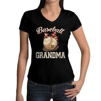 Baseball Grandma Leopard  Ball Funny Mothers Day   Women V-Neck T-Shirt