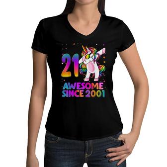 21 Year Old Unicorn Dabbing 21St Birthday Girl Unicorn Party Women V-Neck T-Shirt - Seseable