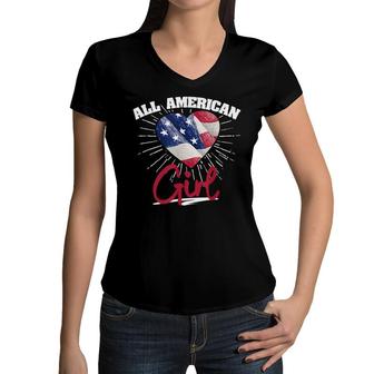 America Flag Patriots Labor Day All American Girl Heart Women V-Neck T-Shirt - Seseable
