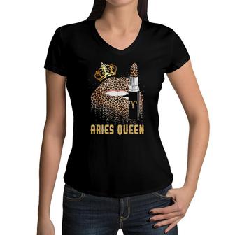 Aries Queen Leopard Lips Aries For Women Girl Kids Women V-Neck T-Shirt - Seseable