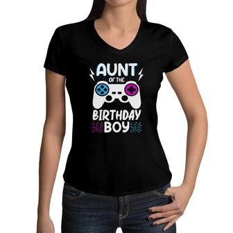 Aunt Of The Birthday Boy Matching Video Gamer Women V-Neck T-Shirt - Seseable