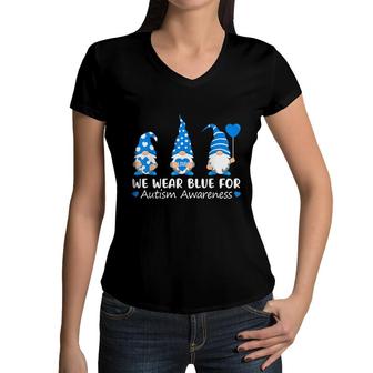 Autism Awareness Gnome In April We Wear Blue Ribbon Puzzle Women V-Neck T-Shirt - Seseable