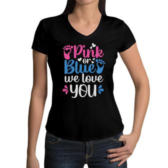 Baby Gender Reveal Party Pink Or Blue We Love You Baby Shower Women V-Neck T-Shirt - Seseable