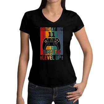 Birthday Boy 11 Time To Level Up 11 Birthday 11 Years Old Women V-Neck T-Shirt - Seseable