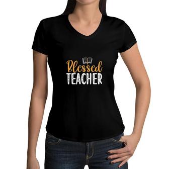 Blessed Teacher Orange And White Great Women V-Neck T-Shirt - Seseable