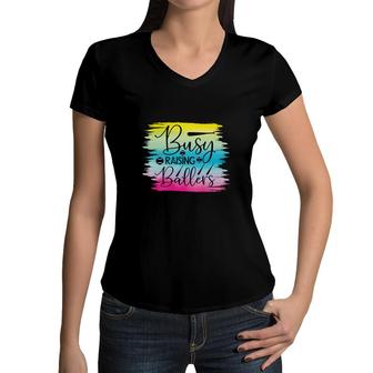 Busy Raising Ballers Black Graphic Colorful Great Women V-Neck T-Shirt - Seseable