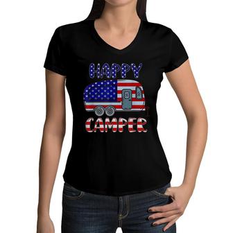 Camper Merica American Happy Pride Flag 4Th Of July Camping Women V-Neck T-Shirt - Seseable