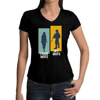 Cool Retro Soldier Military And Army Your Wife My Wife Women V-Neck T-Shirt - Seseable