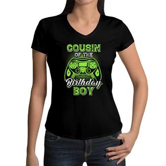 Cousin Of The Birthday Boy Matching Video Game Birthday Design Women V-Neck T-Shirt - Seseable