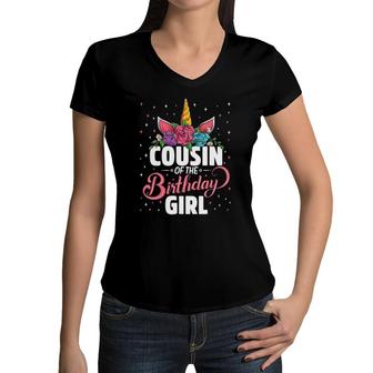 Cousin Of The Birthday Girl Unicorn Girls Family Matching Women V-Neck T-Shirt - Seseable