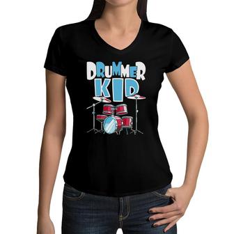 Drummer Kid Funny Percussionist Drums Musician Women V-Neck T-Shirt | Mazezy