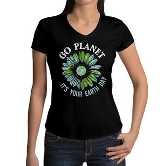 Earth Day Planet Anniversary Earth Day Sunflower Everyday Women V-Neck T-Shirt - Seseable