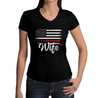 Firefighter Wife Usa Flag Meaningful Great Women V-Neck T-Shirt - Seseable