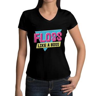 Floss Like A Boss Theme 80S 90S Party Vintage Style Women V-Neck T-Shirt - Seseable