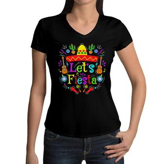 Funny Cinco De Mayo Cactus Lets Fiesta Mexican Fiesta Party Women V-Neck T-Shirt - Seseable