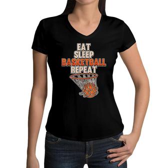 Funny Eat Sleep Basketball Repeat Sports Coach Player Team Women V-Neck T-Shirt - Seseable