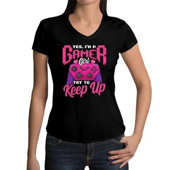 Gamer Girl Video Game Lover Power Console Gaming Player Gift Women V-Neck T-Shirt - Seseable