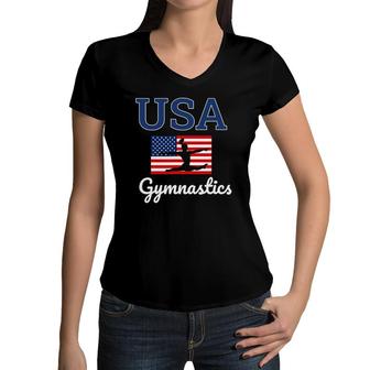 Girl Tumbling Team Gear Gymnast Gymnastics Usa American Flag Women V-Neck T-Shirt - Seseable