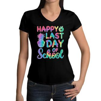 Happy Last Day Of School Tie Dye Cool Teacher Hello Summer Women V-Neck T-Shirt - Seseable