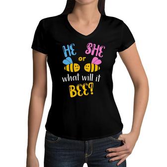 He Or She What Will It Bee Baby Gender Reveal Party Women V-Neck T-Shirt - Seseable