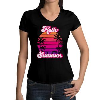 Hello Summer Beach Retro Sunset Summer Women V-Neck T-Shirt - Seseable