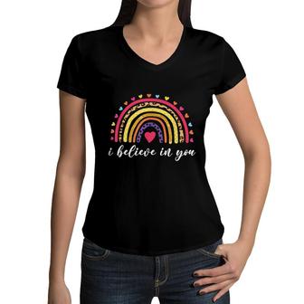 I Believe In You Rainbow Leopard Print Test Day Teacher Women V-Neck T-Shirt - Seseable