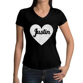 I Heart Justin - First Names And Hearts I Love Justin Women V-Neck T-Shirt - Seseable