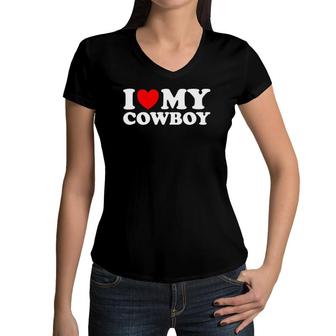 I Love My Cowboy Red Heart Funny Cowgirl Women V-Neck T-Shirt | Mazezy