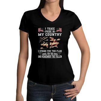 I Take Pride In My Country I Stand For The Flag Kneel For The Cross And Remember The Fallen Design 2022 Gift Women V-Neck T-Shirt - Seseable