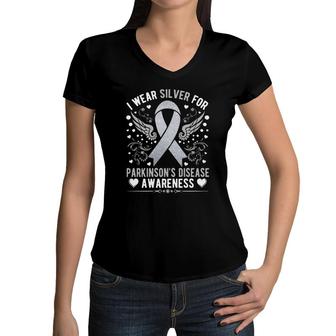 I Wear Silver For Parkinsons Disease Awareness Ribbon Women V-Neck T-Shirt - Seseable