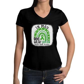 In May We Wear Green Mental Health Awareness Green Ribbon Women V-Neck T-Shirt - Seseable