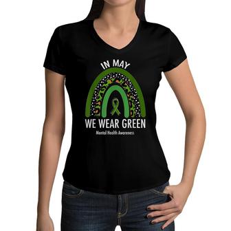In May We Wear Green Mental Health Awareness Leopard Print Women V-Neck T-Shirt - Seseable