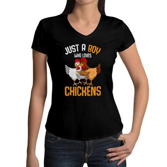 Just A Boy Who Loves Chickens Kids Boys Women V-Neck T-Shirt | Mazezy