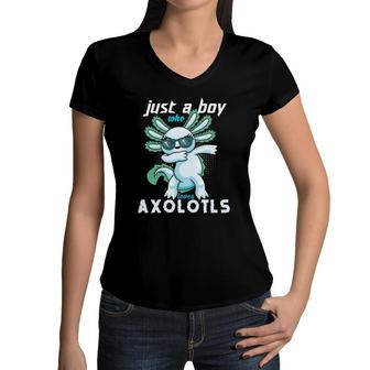 Kawaii Dabbing Just A Boy Who Loves Axolotls Kids & Boys Women V-Neck T-Shirt | Mazezy