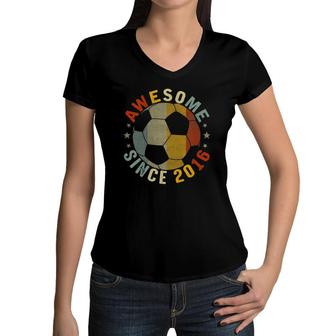 Kids 6 Years Old Awesome Since 2016 Vintage 6Th Birthday Soccer Women V-Neck T-Shirt | Mazezy
