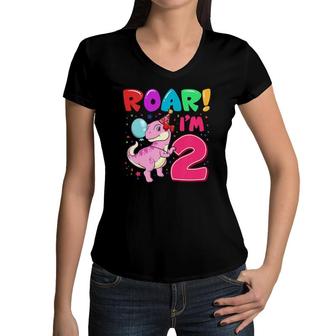 Kids Dinosaur Girl Roar Im 2 Years Old 2Nd Birthday Party Women V-Neck T-Shirt | Mazezy