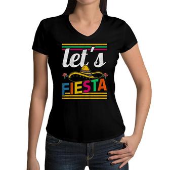 Kids Lets Fiesta Cinco De Mayo Celebration Toddler Mexican Women V-Neck T-Shirt - Seseable