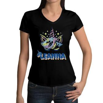 Leanna Personalized Custom Name Rainbow Unicorn Crown Women V-Neck T-Shirt - Seseable