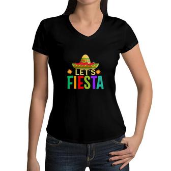 Lets Fiesta Colorful Decoration Gift For Mexican Women V-Neck T-Shirt - Seseable