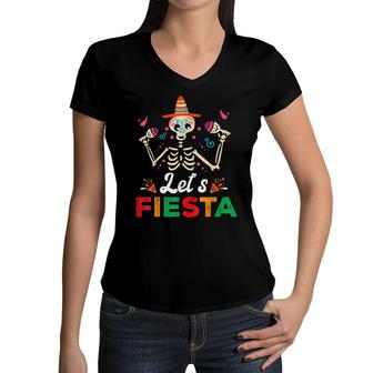 Lets Fiesta Mexican Sombrero Skull Margarita Senorita Women V-Neck T-Shirt - Seseable