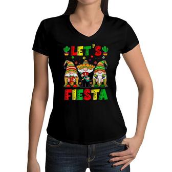 Lets Fiesta Poncho Sombrero Mexican Gnomes Cinco De Mayo Women V-Neck T-Shirt - Seseable