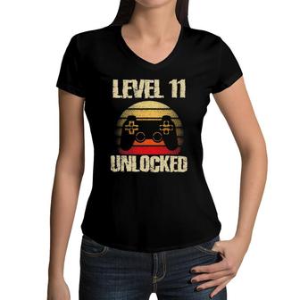 Level 11 Unlocked Boys 11Th Birthday 11 Years Old Boy Gamer Women V-Neck T-Shirt - Seseable