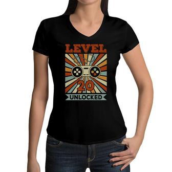 Level 20 Unlocked Video Game In 2002 And Happy 20Th Birthday Women V-Neck T-Shirt - Seseable